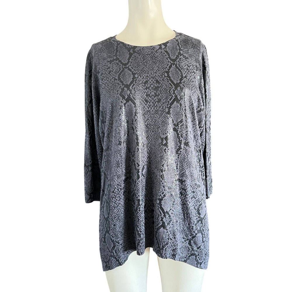 SEJOUR Charcoal Snakeskin Metallic Shimmer Tunic Sweater Crew Neck 3/4 Sleeve 1X